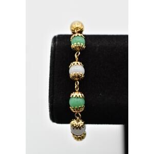 Celebrity Vintage Beaded Bracelet Green Cabochon Pearl Chain Signed 1970s BinO